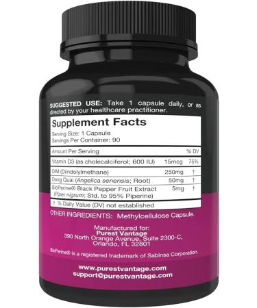 Pure DIM Supplement 250mg with BioPerine & Dong Quai - Hormone Balance Support for Men & Women - 90 Vegetarian Capsules - Buy Online on GoSupps.com