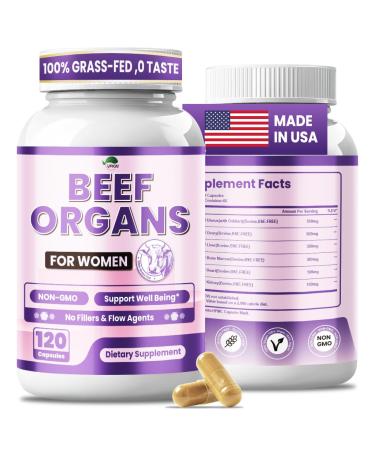 VPKIN Beef Organ Supplement for Women with Beef Liver Heart Kidney Uterus Tissue for Energy Balance and Overall Health Grass Fed Non-GMO 120 Capsules(Pack of 1)