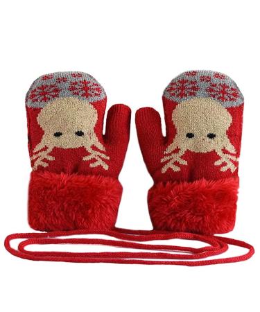 iNelihoo Toddlers Baby Warm Knitted Gloves with String Cute Deer Christmas Mittens Snow Gloves Baby Hanging Neck Gloves Fleece Lining Thermal Gloves Winter Cycling Gloves Mitten for Age 1-4Y Red