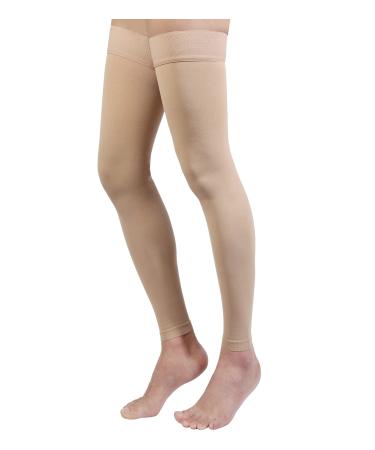 Thigh High Compression Stocking Footless - Pair, Thigh-Hi Leg Compression Sleeves Unisex, 20-30mmHg Gradient Compression with Silicone Band, Opaque, Best for Varicose Veins, Edema, Swelling, Beige M Medium (1 Pair) Beige