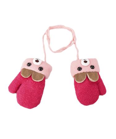 RUIXIA Kids Winter Knitted Gloves Cute Cartoon Bear Hang Neck Mittens Newborn Baby Warm Mitten Thicken Cashmere with Rope Mitten Thermal Full Finger Wrist Glove Boy Girl 0-3Y Gift Red-a