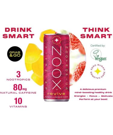 NOOX Revive Vitamin & Nootropics energy drink Raspberry & Lemonade Flavour 12 x 250ml Caffeine + L-Tyrosine Magnesium Zinc Panax Ginseng B Vitamins Vitamin C Low Calories Vegan Gluten free - Buy Online on GoSupps.com