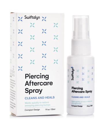 Swiftalyn Piercing Aftercare Spray Advance Solution to Shrink Clean and Heal New, Irritated, Red & Angry piercings and Piercings Bumps Fine Mist Travel Size - 1 FL Oz