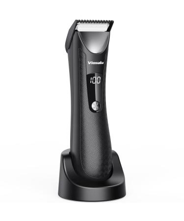 Pubic Hair Trimmer for Men, Updated Professional Groin Body Trimmer with LED Display, Replaceable Ceramic Blade Heads, Showerproof Wet / Dry Clippers, Charging Dock, Ultimate Male Hygiene Razor Black