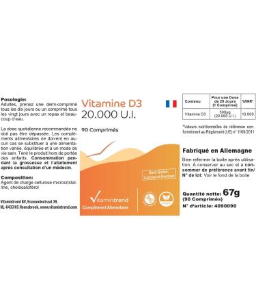 Vitamin D3 20000 IU - High Dose Cholecalciferol Tablets (90 Count) | Only 1 Tablet Every 20 Days | Vitamintrend - International Shipping Available - Buy Online on GoSupps.com