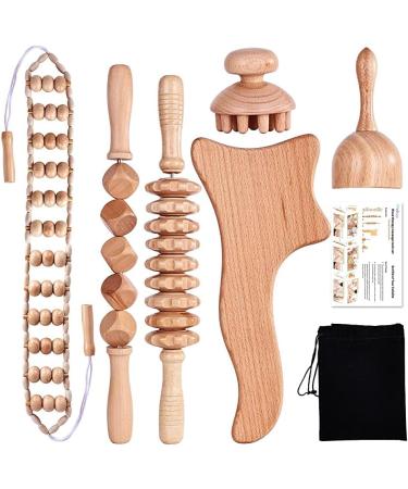 6 x wood therapy-Y massage tools maderoterapie set wooden massage roller for muscle release anti-cellulite body forming and contouring (beige)