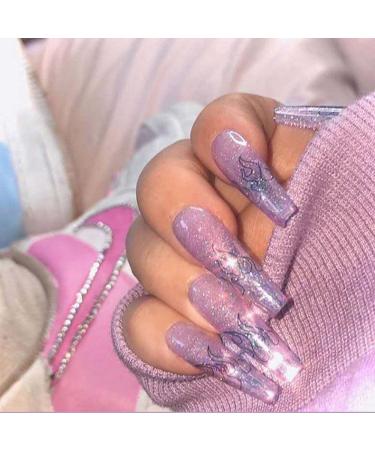 Poliphili 24Pcs Glossy Pure Color Super Long Press on Removable Wear Fake Nails Ballerina Coffin Extra Long Art Manicure Full Cover Acrylic False Nails Tips for Girls and Women (Purple Flame)