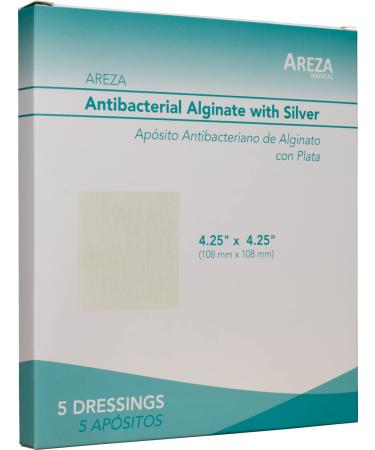 Silver Alginate (Antibacterial Alginate with Silver) 4.25"x4.25" Sterile 5 Wound Dressings Per Box (1) (4.25" X 4.25") (1) Areza Medical