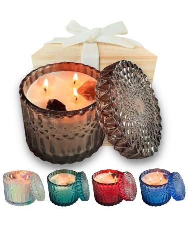 Healing Crystal Candle - 14oz Soy Candles with Crystals Inside. White Moonstone Smoky Quartz Obsidian. Manifestation Candle for Self-Discovery Grounding and Clearing Negative Energy Mahogany Teakwood