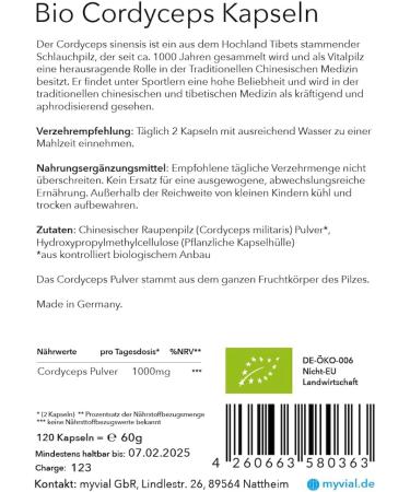 Myvial Bio Cordyceps Capsules | Vegan 120 Pieces | 60-Day Supply | 500mg | Immune Support & Endurance | Plastic-Free Packaging - Buy Online on GoSupps.com