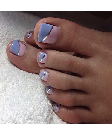 French Tip Press on Toenails with Toenails Tips Silver lines Design Purple and pink False Toenails press on toenails Acrylic False Toenails Cute Artificial Toenails