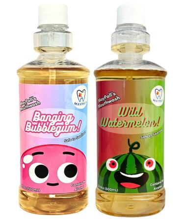Bubble Gum and Watermelon Flavored Kid's Mouthwash Safe to Swallow Natural Promotes Healthy Teeth Gentle Taste No Burn Fluoride Free Alcohol Free 16.9oz (Pack of 2). Bubblegum + Watermelon