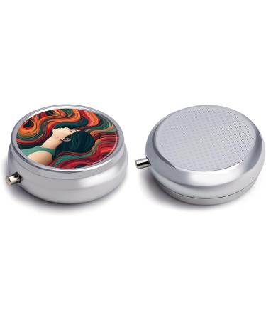 Stylish Round Pill Box for Women - Colorful Hair Print 3 Compartment Metal Organizer - Portable Decorative Pill Case Style-36 - Buy Online on GoSupps.com