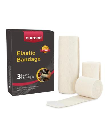 Premium Elastic Bandage Wrap with Self-Closures - Ourmed 3 Size (6''/3''/2) Cotton Latex Free Compression Bandage Wrap, Washable & Reusable