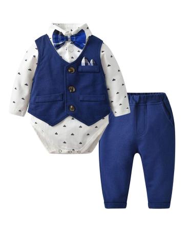 famuka Baby Boy 3 Piece Formal Outfit Suit with Bows Waistcoat Gentleman Tuxedo Navy 2 12 Months
