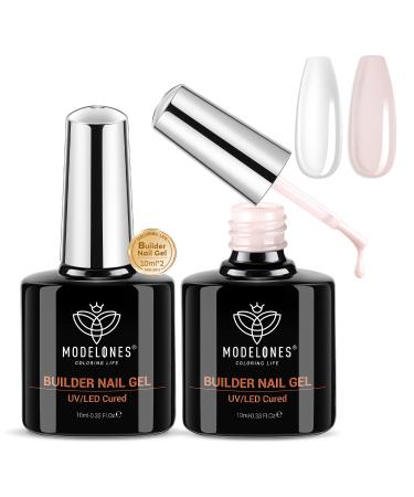 Modelones Builder Nail Gel Set 2 Colors 10ml Clear and Nude Builder Gel for Nail Thickening Nail Strengthener Apex Building Extension Gel Rhinestone Nail Glue Gel in a Bottle LED Nail Lamp Cured Hard Gel Clear Nude
