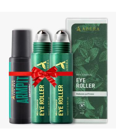 Abera Eye Roller Serum for Men Eye Bags Dark Circles & Puffiness Treatment Mint Essence with Vitamin C & Peptides 0.34 fl oz 2 Box + Gift