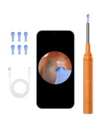 Ear Wax Removal Tools with HD Digital Camera - 360 Visibility Ear Cleaner 6 LED Lights Waterproof Ear Wax Removal Kit with 6 Replaceable Silicone Ear Covers Type-C Cable (Orange)