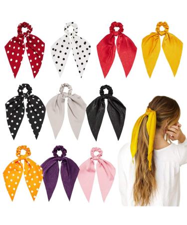 Hair Scarf Scrunchies 10Pcs Chiffon Hair Scarves Ribbon Scrunchies Ponytail Scarf Scrunchies Hair Ties Bowknot Ponytail Holder for Women Girls Solid Colors&Dots