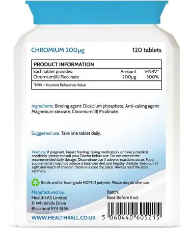 Chromium Picolinate 200mcg 120 Tablets for Normal Blood Sugar Levels | Vegan Formula by Health4All - 120 Count - Buy Online on GoSupps.com