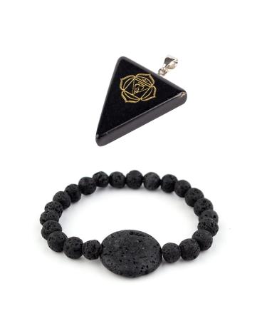 Soulnioi Obsidian Chakra Necklace Triangle Pendant Healing Crystal and Black Sun Volcanic Rock Bracelet Elastic Yoga Lava Beads Obsidian Set 5