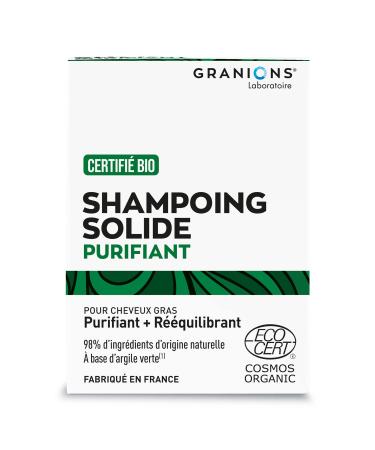 GRANIONS - PURIFYING & REBALANCING SOLID SHAMPOO - Certified ORGANIC - For oily hair - With green clay - 98% ingredients of natural origin - Made in France