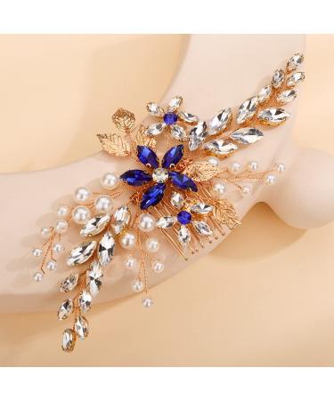Teyglen Gold Leaf Blue Flower Wedding Hair Comb | Rhinestone Bridal Hairpiece for Bride - Buy Online on GoSupps.com