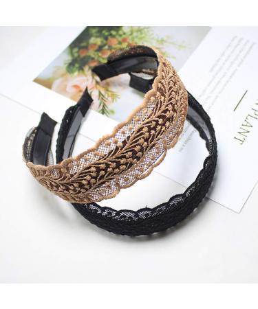 Elegant Lace Headbands for Women & Girls - 2 Piece Vintage Floral Wide Headwraps (Black Brown) | International Shipping - Buy Online on GoSupps.com