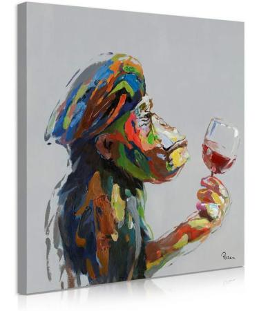 Yidepot Monkey Canvas Wall Art - Thinking Monkey Drinking Wine Painting - 30x30cm - Framed - Ready to Hang - Ideal for Living Room or Office Decor - Buy Online on GoSupps.com