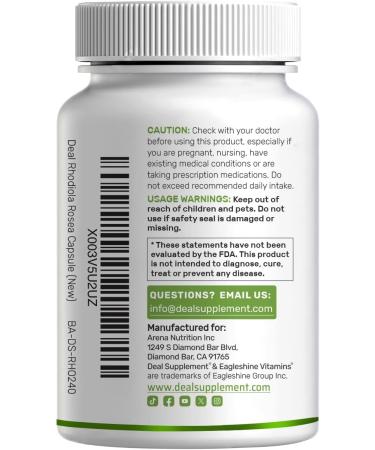 DEAL SUPPLEMENT Rhodiola Rosea with Ashwagandha 240 Veggie Capsules Max Strength 10:1 Root Extract Adaptogenic Supplements for Relaxation Energy & Brain Health* Non-GMO - Buy Online on GoSupps.com