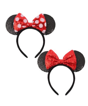 UNSPAZ Mouse Ears Bow Headbands  2 PCS Shiny Sequin Bow Headbands Classic Mouse Ears Headbands for Adult Women Girls(Red Sequin & Red Dot )  Red White Dot
