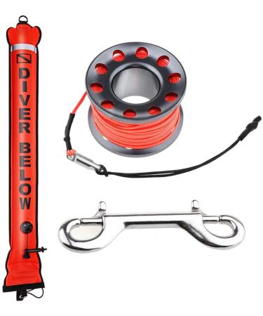 Seafard 4ft Scuba Diving Open Bottom Surface Marker Buoy (SMB) with 49ft Finger Spool Alloy Dive Reel and Double Ended Bolt Clip 4FT Red SMB+Gray Reel