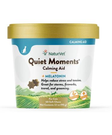 NaturVet Quiet Moments Calming Aid Cat Supplement Plus Melatonin Helps Reduce Stress in Cats for Pet Storm Anxiety, Motion Sickness, Grooming, Separation, Travel Quiet Moments Plus Melatonin 60 Soft Chews