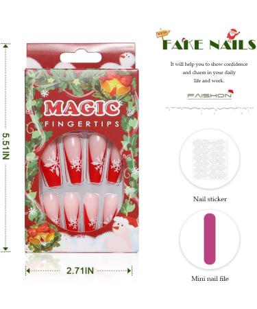 Vatocu Christmas False Nails - Long Xmas Press on Nails with Snowflakes Glitter - 24pcs Ballerina Acrylic Stick on Nails for Women and Girls - Buy Online on GoSupps.com