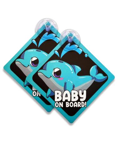 Litltle Ducklings 2 pcs Baby on Board Car Warning Baby on Board Sticker Sign for Car Warning with Suction Cups (Dolphin)