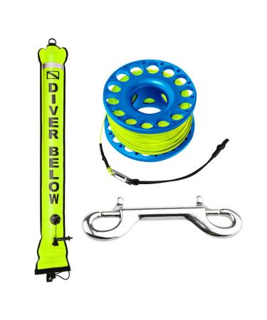 Seafard 5ft Scuba Diving Open Bottom Surface Marker Buoy (SMB) with 98ft Finger Spool Alloy Dive Reel and Double Ended Bolt Clip 5FT Yellow SMB+Blue Reel