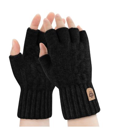 Arfnkim thermally fingerless gloves - women and men rope soft fluffy touchscreen winter gloves for skiing cycling work black