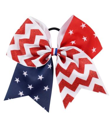 USA Red White Blue Girls Cheer Hair Bow Ties America Flag Glitter Hair Ribbons Bows with Elastic Tie (Red Wave)