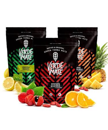 Verde Mate Yerba Mat Set 3x400g - Frutos Tropicales Energia Menta Limon