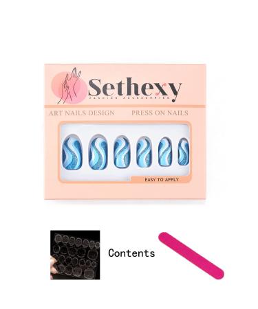 Sethexy Glitter Almond False Nails - 24 Pcs Swirl Press-On Nails for Women & Girls | Blue Hawaii Acrylic Stick-On Nails - Buy Online on GoSupps.com