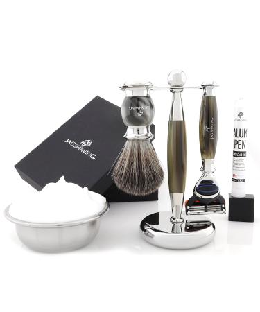 Jag Shaving Razor set - 4 -part shaving set - Jag's Lee Range - synthetic hair shaving brush - 5 razor blades of razor plane - shaving rapid stand - green horn imitation Color