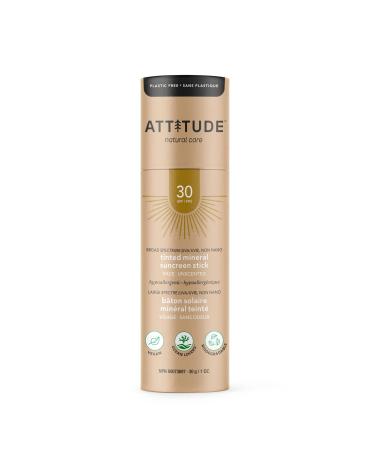 ATTITUDE Tinted Sunscreen Stick  Broad Spectrum UVA/UVB  Plant and Mineral-Based Formula  Coral Reefs Friendly  Vegan and Cruelty-free Sun Care Products  Face  SPF 30  Unscented  1 Oz
