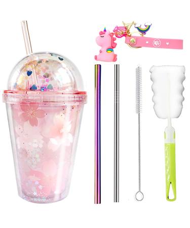 Cherry Blossoms Pink Floral Girl Cup with Straw Flower Travel Tumbler Ice Coffee Mug Reusable Plastic Party Cup Gift (pink cherry blossoms  290ml) cherry blossoms pink B 290ml