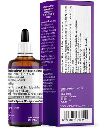 AOR Kids Vitamin D3 400 IU Drops 50 ml - Vegan Vitamin D3 Supplement - Organic Cholecalciferol with Calcium for Children - No Preservatives or Sugar - Gentle Support for Strong Bones & Immune Function - Buy Online on GoSupps.com