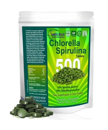 Chlorella Spirulina Cracked Cell Wall, 100% Pure & Clean, Raw Non-GMO Green Superfood, Protien Packed, by Sunlit, Best Green Organics (500 Tablets) 1 Count (Pack of 1)