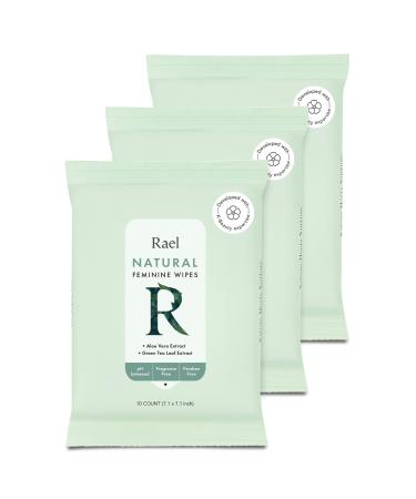 Rael Flushable Feminine pH Wipes - Travel Size, All Skin Types, Paraben Free, pH-Balanced, Daily Use (10 Count, Pack of 3) 10 Count (Pack of 3) Natural