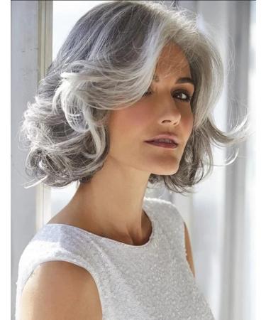 Short Grey Curly Wig Mixed Gray Wavy Wigs for Women Synthetic Hair Natural Looking Daily Party Wig