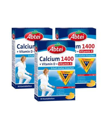 Abbey calcium 1400 + D + K - high -dose - with vitamin D and vitamin K - for preserving healthy bones and muscle fission - orange taste 30 chewing tablets (pack of 3) 30 (3 pack)
