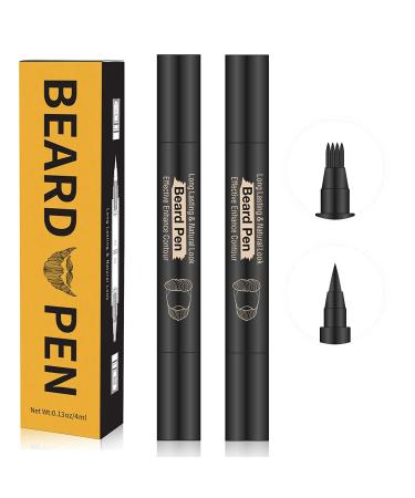 Beard Pencil Filler For Men,4 Tip Beard Filler Pen Kit Beard Pen & Beard Brush Male Mustache Repair Shape, Effective Enhance Facial Hair (2 Black Pen)
