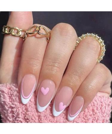Foccna Pink Press on Nails Medium French Fake Nails Almond Acrylic False Nails  Artificial Nails for Nail Art Manicure Decoration 24Pcs Pink LOVE Nails